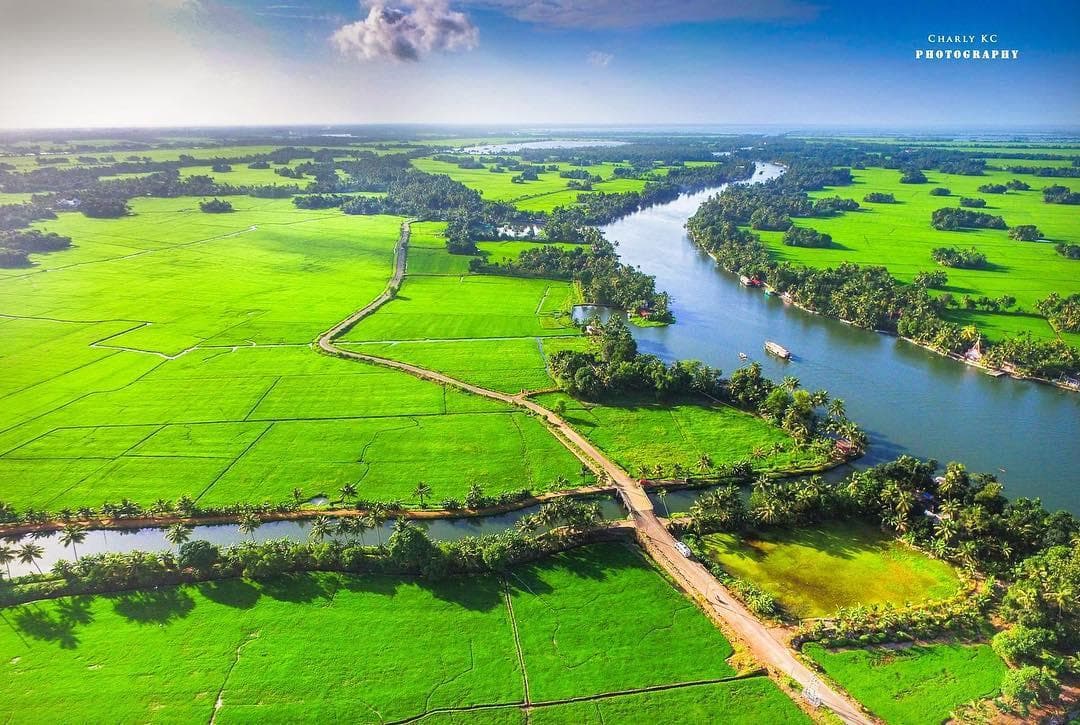 Kerala houseboat on the Alleppey backwaters drone shot